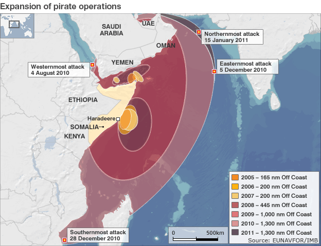 Spread of piracy by beginning of 2011. Courtesy of FT - sourced to EU Navfor & IMB.