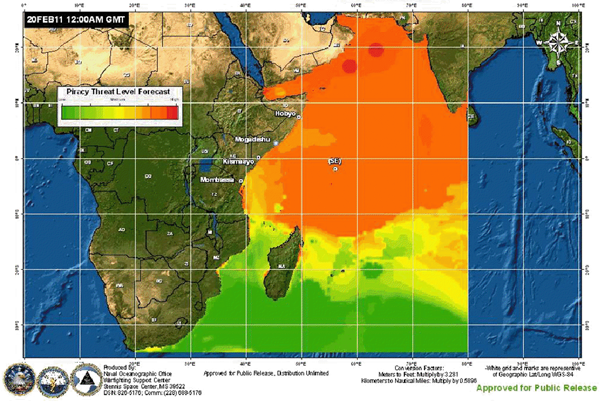 Spread of piracy by beginning of 2011 - orange represents waters with Somali pirates, red represents highest risk zone. Courtesy of Naval Oceanographic Office War Fighting Support Center.