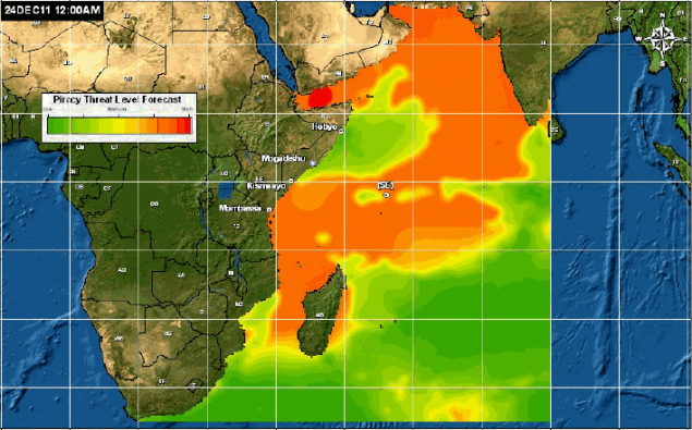 Spread of piracy by end of 2011 - orange represents waters with Somali pirates, red represents highest risk zone.Courtesy of Naval Oceanographic Office War Fighting Support Center.