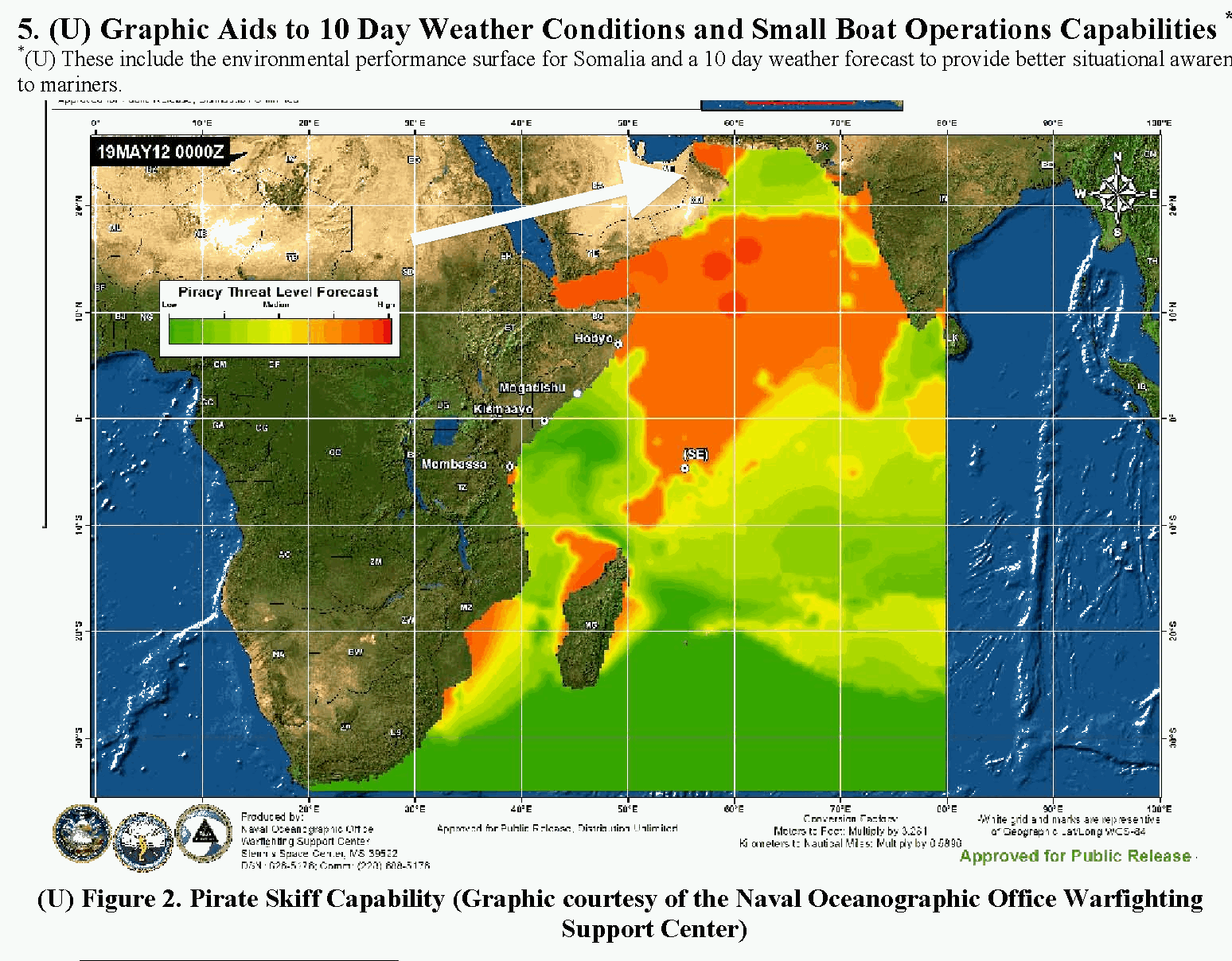 Spread of piracy by end of 2011 - orange represents waters with Somali pirates, red represents highest risk zone.Courtesy of Naval Oceanographic Office War Fighting Support Center.