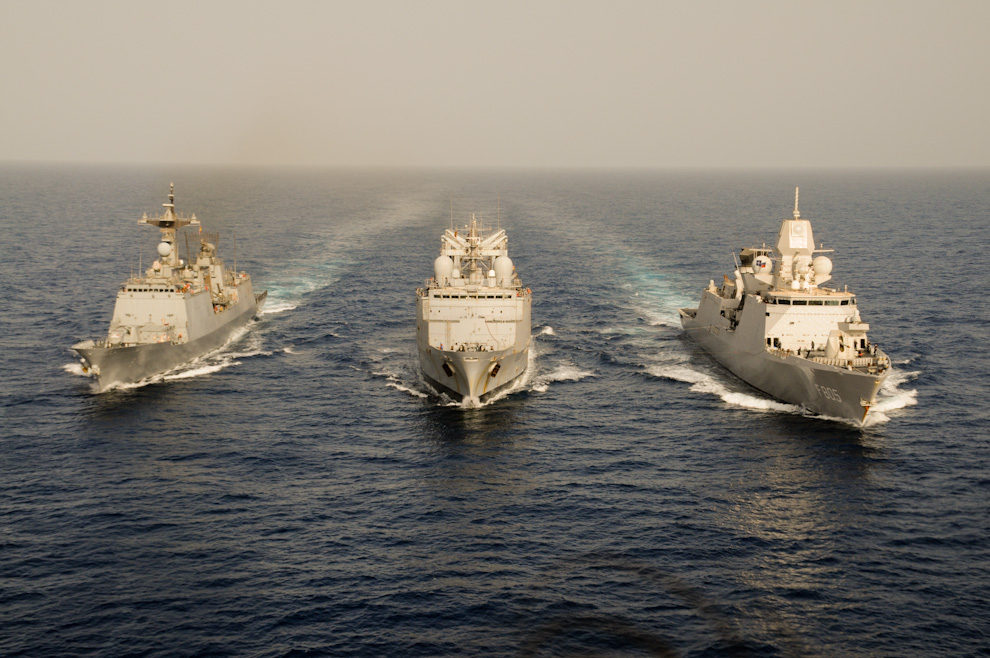 The flagships of the 3 main anti-piracy forces off Somalia. Left to right: Korean frigate Wang Geon, French FS Marne & Dutch frigate Evertsen.