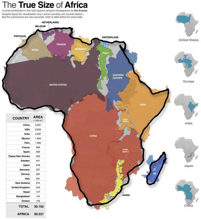 Comparison of Africa with USA, Europe, China and others, to show continent's true size. 