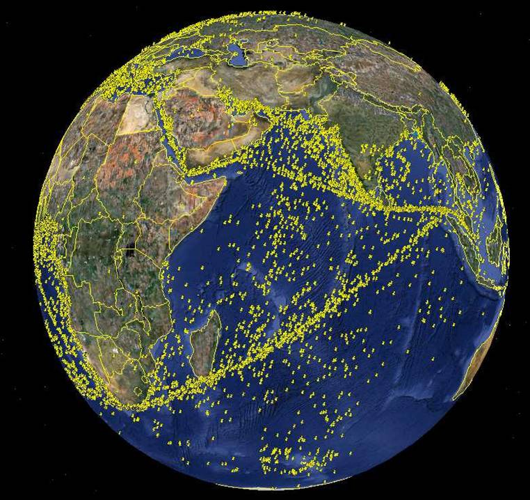 Major sea lanes of the Indian
Ocean - represented by AIS pings - circa 2008. Courtesy of USCG & SpaceQuest