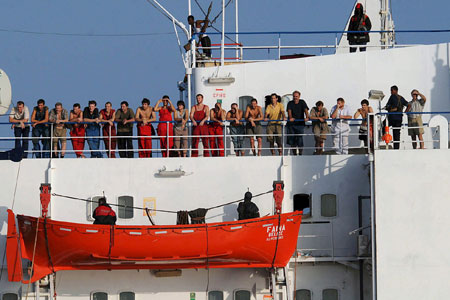 The real prize these days for
Somali pirates is crew on merchant vessels - Somali piracy has increasingly become an industrial
form of maritime kidnaping. This is the crew of the MV Faina, paraded on deck in 2008. The
captain of the MV Faina died of an untreated heart condition soon after his kidnaping. Average
length of captivity by mid 2011 had grown to 150 to 210 days, up from only 45 to 60 days in
2008 - it is longer still in 2012. Pirates hold crews longer and mistreat them more so as to extract
larger ransoms. In the past 2 years, average ransoms have doubled, even tripled. Getting exact
figures on ransoms is very hard - more often it's the pirates who announce the amounts, for
bragging rights over their competitors. Additionally, al Shabaab, the Islamist insurgent group that
controls much of southern Somalia, is applying a tax of  5% to 20% on ransoms collected by
pirate gangs operating out of areas it controls, including especially Kismayo in the South.