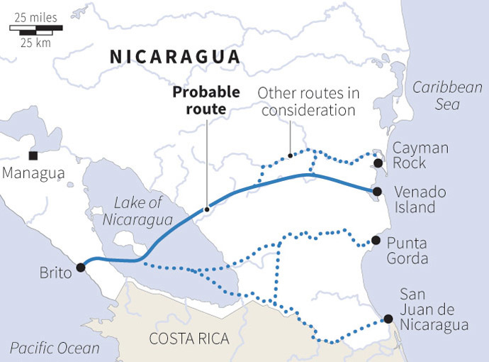 Nicaragua has awarded an exclusive contract to a Hong Kong-based company headed by a Chinese billionaire to develop new plans for an inter-oceanic canal. Here is its most likely path (see graphic). Not a few experts who were polled by the Western press on the heels of the announcement expressed skepticism about the plan's chances, but as details emerged about how the Chinese businessman is partnered with some very serious consultants in engineering, construction and infrastructure, many are giving the news a second look. The businessman claims that the new canal will be open and running by 2020. It would allow ships to transit that will not be able to transit even the new and improved Panama Canal (Panama will be able to handle boxships only up to 13, 200 TEU when the new third locks open in 2015 - while the newest class of big boxship to be delivered later in 2013 will weigh in at 18,000 TEU - so in effect, Panama will still be behind the curve).