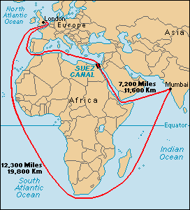 This map shows the 2 ways to get from Mumbai to London: either via the Suez Canal or the Cape - the Canal shaves over 5000 miles off the trip, which means hundreds of thousands of dollars in fuel and about 2 week in transit time. The Canal is not that much of a savings in fuel costs today, as the fees have been rising fast. With the announcement that fees are to go up another 5% this May, after they went up 3% last year, the International Chamber of Shipping is protesting loudly and warning that ships may avoid the higher fees as well as the increased secuirty risks, and slow steam around the Cape.